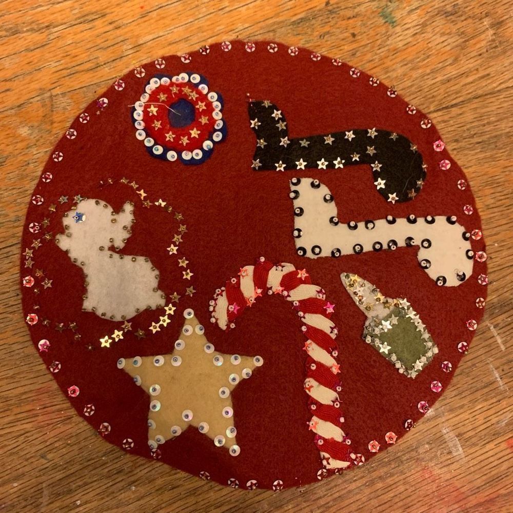 Vintage appliqué felt beaded Christmas table runner
